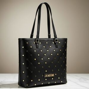 Moschino Bag, Black with Gold Studs . Red Lining